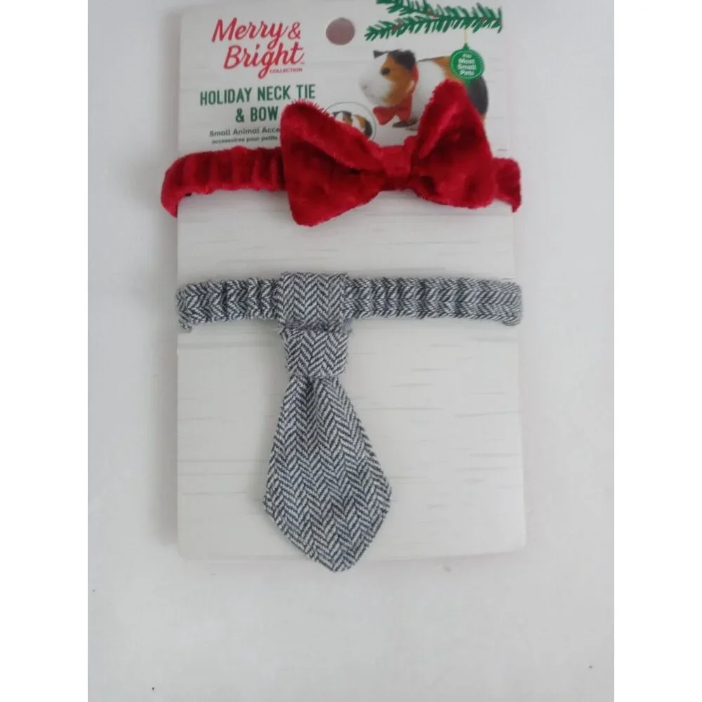 New Merry & Bright Holiday Neck Tie and Bow for Small Animals Guinea Pig